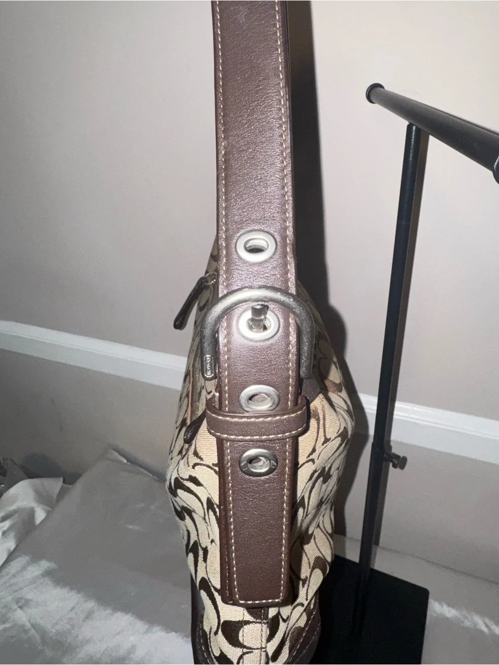 Coach Brown Signature Canvas Shoulder Bag with Dark Brown Leather Trim